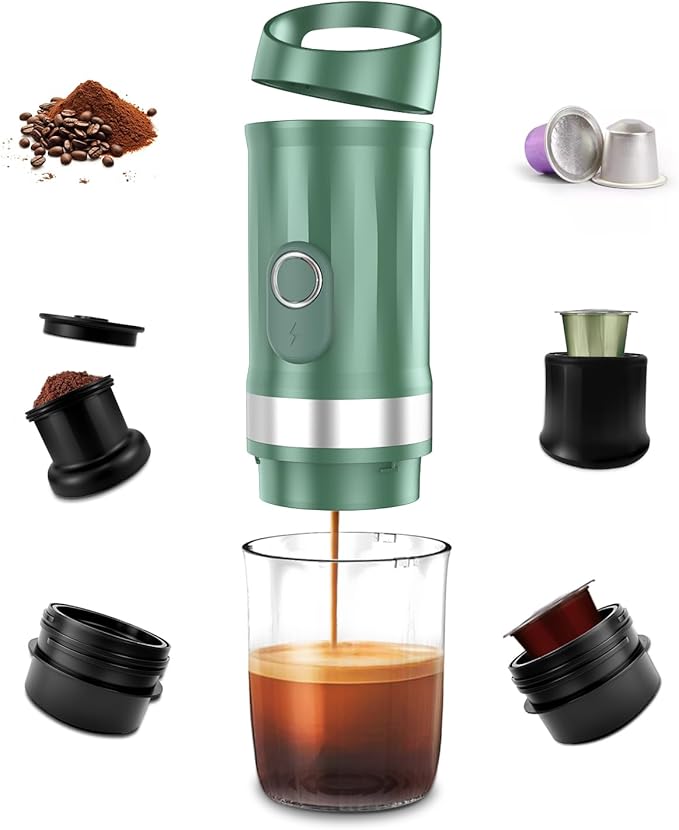 Portable Espresso Machine 3Minute Auto Heat12V Rechargeable Electri Coffee Maker 20 BaCompatible with NS DG Capsules and GroundCoffee for Camping Travelling RVing HikingandOffice (Green)