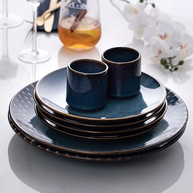 Dinner Plates Creativity Ceramics Dinner Sets 26 Pieces Blue Nordic Style Porcelain Combination Set - Bowl/Dish/Spoon | Kiln Glaze Dinnerware for Restaurant Box