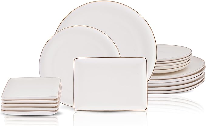 Karaca Santo Gold New Bone 18-Piece Dinner Set for 6 People - 18-Piece Crockery Set with Plates and Bowls Set New Generation Bone China Round Dinnerware Set &amp White Gold Dinner Set