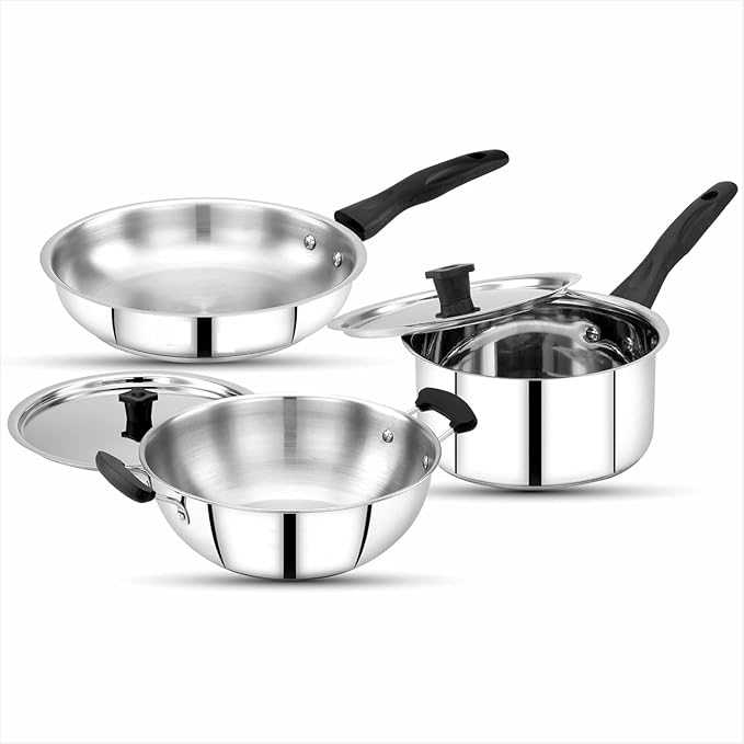 Classic Stainless Steel Cookware 5 Pcs Set|Fry Pan 22Cm(1.4L)|Kadai 22Cm(2.2L)|Saucepan 16Cm(1.6L) with Steel Lids|Induction BaseTriply Bottom|EvenFast Cooking with Less OilSilver