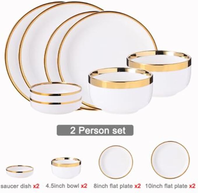 Dinner Sets Gold Bright White Porcelain Dinner Sets Ceramic Bowl Dish Plates Set Dinnerware for Household HotelBright B2people Set