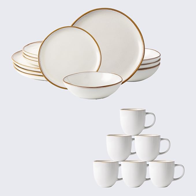 AmorArc 18 PCS Ceramic Dinnerware SetsHandmade Reactive Glaze Plates and Bowls SetsHighly Chip and Crack Resistant | Dishwasher &amp Microwave Safe Dishes Set Service for 4