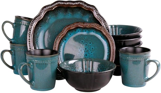 16 Piece Casual Coastal Themed All Seasons Durable Stoneware Blue Dinnerware Set Dishwasher Safe Exotic Look Vibrant Colors Round Dinner Plates Salad Plates Cereals Bowls Tea Mugsdinnerware Set for 4