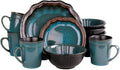16 Piece Casual Coastal Themed All Seasons Durable Stoneware Blue Dinnerware Set Dishwasher Safe Exotic Look Vibrant Colors Round Dinner Plates Salad Plates Cereals Bowls Tea Mugsdinnerware Set for 4