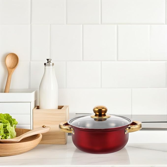 Nonstick Stainless Steel Cookware Set with Heat-resistant Gold Handles Versatile Pots and Frying Pans for Healthy Cooking and Easy Cleaning Stylish Kitchen Essential in Wine Red