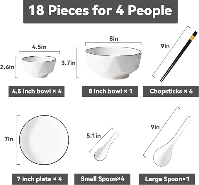 18 Pieces Plates and Bowls Sets Simple Dinnerware Set Scratch Resistant Dishes Sets for 4 Stackable Kitchen Dinner Set High Temperature Firing for Microwave Ovens Ovens Dishwashers(Style 2)