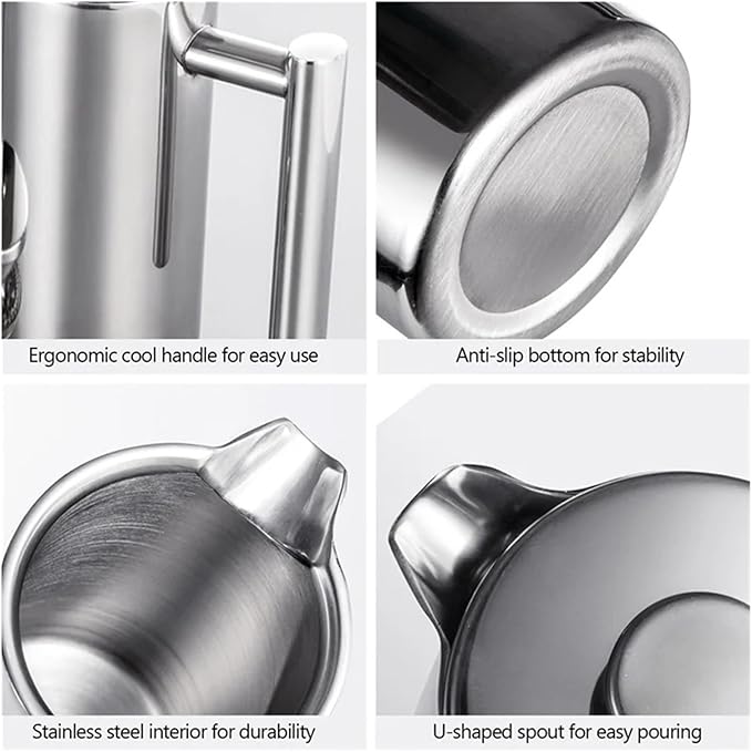 AT21-1 Piece Coffee Machine Double Wall French Press Insulated &ampTea Brewing Pot 1200Ml Maker 304Stainless Steel