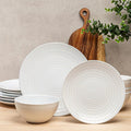BZYOO Ceramic Dinnerware Set Serive for 4 (12 Pieces) Stoneware Plates and Bowls for Dining Pearl White Dishes Set With DOTDOT Design Microwave Safe (12 PCS Dishes and Bow set Bijou Collection)