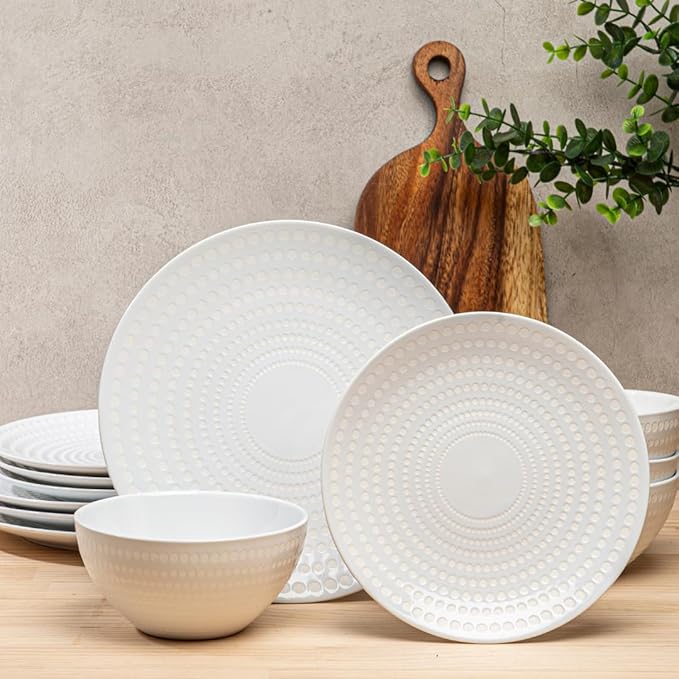 BZYOO Ceramic Dinnerware Set Serive for 4 (12 Pieces) Stoneware Plates and Bowls for Dining Pearl White Dishes Set With DOTDOT Design Microwave Safe (12 PCS Dishes and Bow set Bijou Collection)
