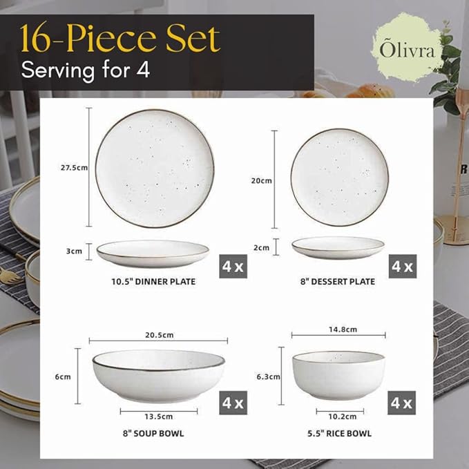 Ceramic Dinner Set 16 piece White Modern Tableware Collection with Plates and Bowls Everyday Dining Dish Set Microwave and Dishwasher Safe Serving for 4
