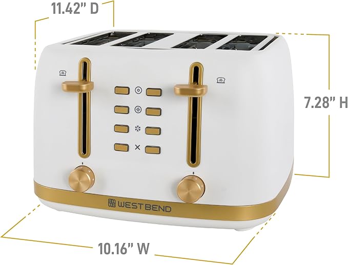 West Bend Timeless 4-Slice Toaster with 7 Browning Levels Bagel/Waffle/Defrost Settings High-Lift Lever Anti-Jam Easy-Clean Crumb Tray 4-Slice White/Gold