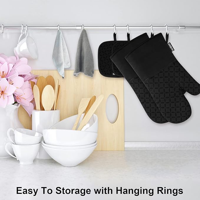 KEGOUU Oven Mitts and Pot Holders 6pcs Set Kitchen Oven Glove High Heat Resistant 500 Degree Extra Long Oven Mitts and Potholder with Non-Slip Silicone Surface for Cooking (Black)
