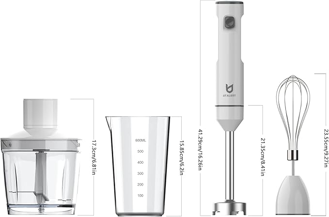 Cordless Hand Blender UTALENT Variable Speed Immersion Blender Rechargeable with 500ml Chopper 600ml container Egg Whisk for Smoothies Baby Food and Soups – White