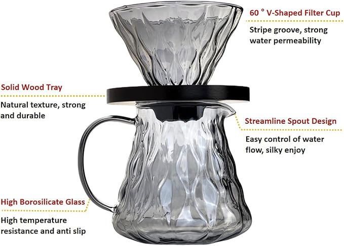 Pour Over Coffee Maker Set 500ML Glass Carafe Coffee Server with Dripper Set V60 Glass Coffee Filter with Wood Base for Home Office Gift 1-4 Cups