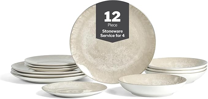 Christian Siriano Onyx 12-Piece Dinnerware Set Porcelain Plates and Bowls Set Hand Wash Dish Dish Set for 4 Beige and Gold