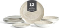 Christian Siriano Onyx 12-Piece Dinnerware Set Porcelain Plates and Bowls Set Hand Wash Dish Dish Set for 4 Beige and Gold