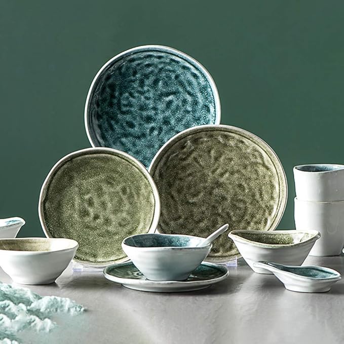 Ceramics Dinnerware Set 38 Pieces Kiln Change Glaze Plates and Bowls Sets for Restaurant/Irregular Edges Porcelain Dinner Set Microwave Safe