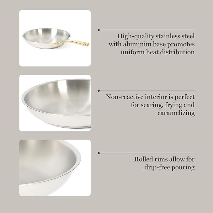Martha Stewart Castelle 9.5-Inch Stainless Steel Frying Pan with Gold-Tone Handle – Tri-Ply Encapsulated Bottom Oven Safe &amp Induction Safe Skillet for Searing and Sautéing