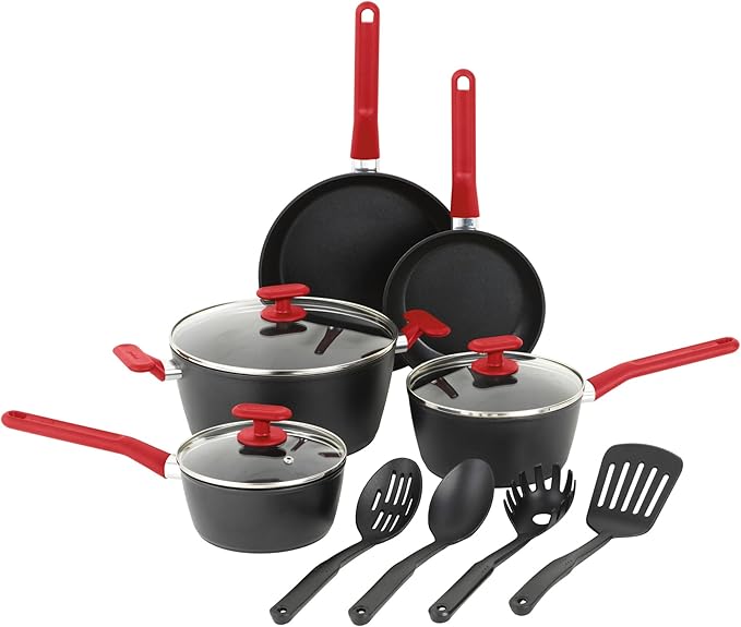 GoodCook ProEase 12-Piece Nonstick Cookware Set Includes 4-Quart Covered Dutch Oven Fry Pans Sauce Pans Utensils Even-Heating Aluminum Tempered Glass Lids Ergonomic Handles