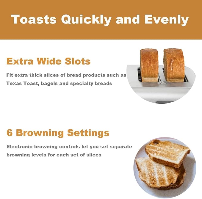 1800W Commercial Grade 4-Slice Pop Up Toaster -Stainless Steel 6-Browning Settings for Bread with Removable Crumb Tray for Bagel Bread English Muffins Waffles (Commercial &amp Home Use)