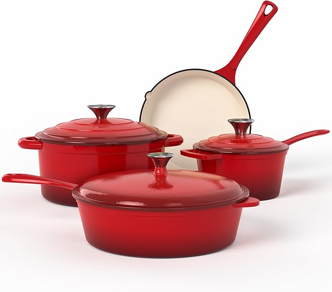 Kitchen Academy Enameled Cast Iron Cookware Sets - 7Pcs Pots and Pans Set Non Toxic Induction Dutch Oven Set PFOA&ampPFAS Free