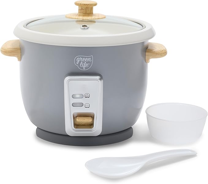GreenLife Rice Cooker with Removable PFAS-Free Ceramic Nonstick Pot 3-Cups Uncooked/6-Cups Cooked Grains &amp Oatmeal Multicooker Compact One-Switch Design Auto Keep Warm Easy Clean Gray