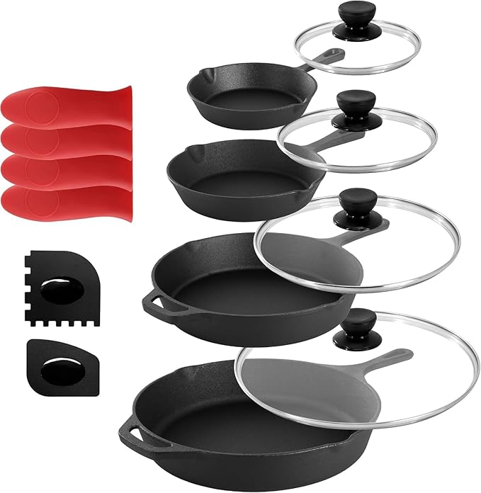 13-Piece Cast Iron Skillet Set with Glass Lids – Pre-Seasoned Cookware with Silicone Handle Holders &amp Scrapers for Stove Oven Grill &amp Campfire