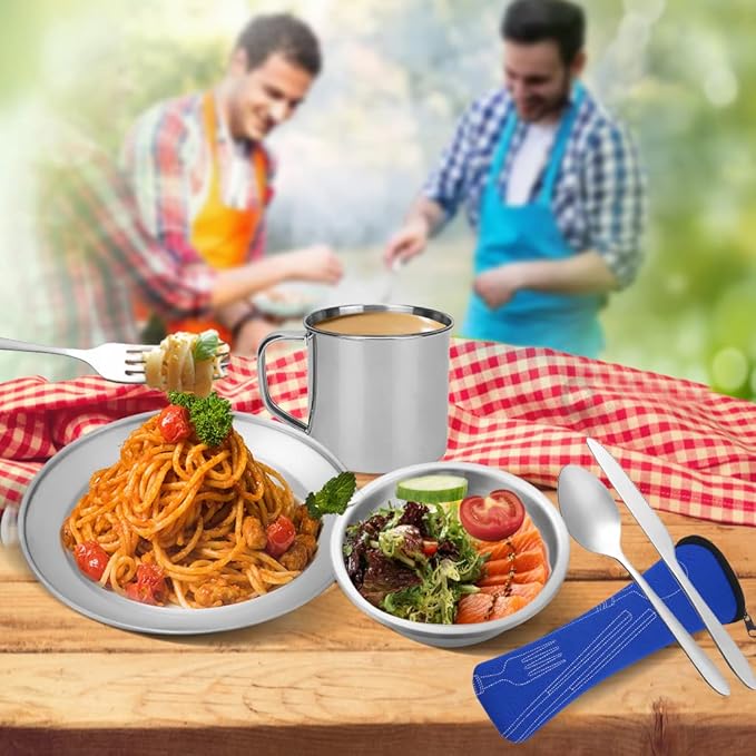 Stainless Steel Camping Cutlery Set - 8 Piece Includes Spoons Mugs Bowls Plates Rags &amp Organizer Straps - Easy to Carry for Backpacking Camping Hiking and Picnics