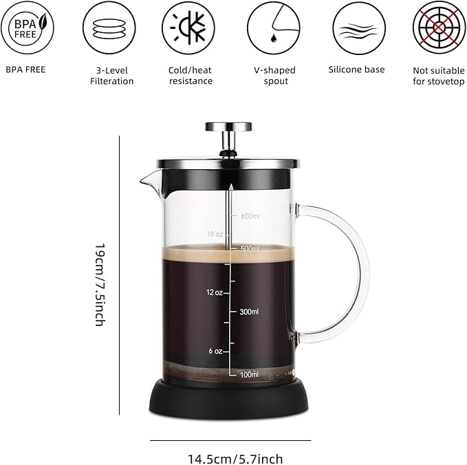 Bincoo French Press Coffee Maker 600ML - Single Layer Borolicate Glass Travel Coffee PressTea and Frothed Milk Press Easy to Use