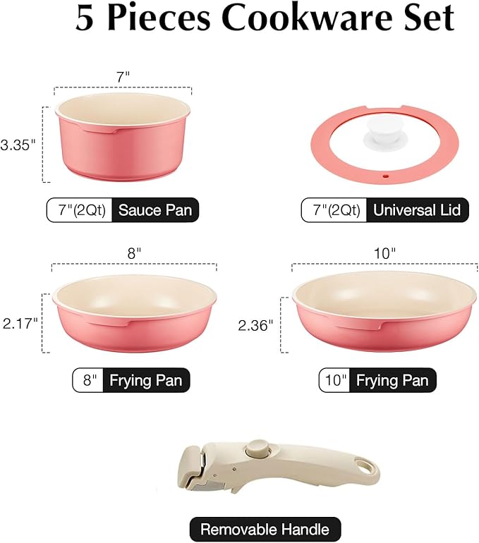 IKTU Ceramic Pots and Pans Set Non Stick Pink 5Pcs Nonstick Cookware Set with Detachable Handle RV Camping Induction Kitchen Cookware Set Non Stick PFAS PFOA &amp PTFE Free