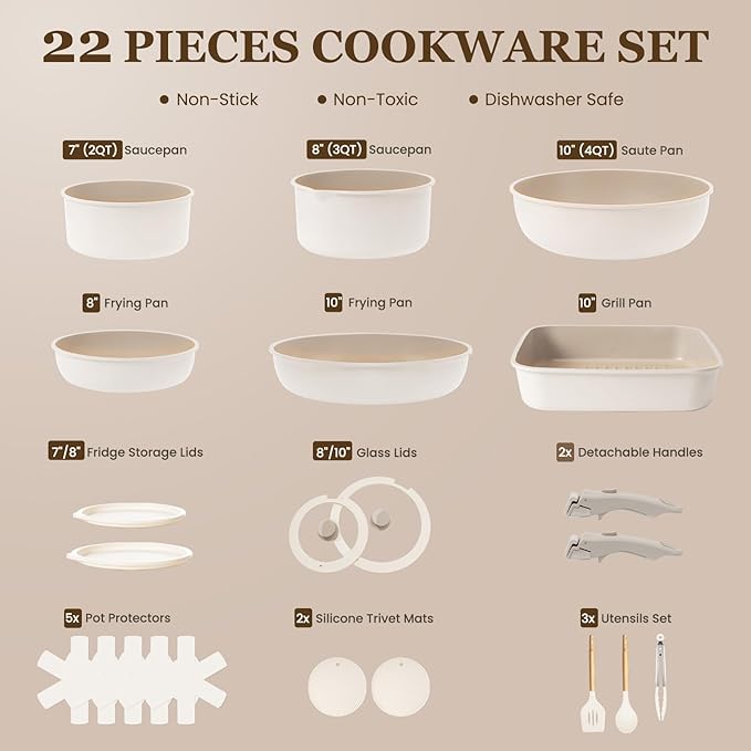 KIKCOIN Nonstick Pots and Pans Set 22 Pack Ceramic Cookware Set with Detachable Handle Induction RV Kitchen Cooking Set with Removable Handle Frying Pans - Dishwasher/Oven Safe PFOA Free