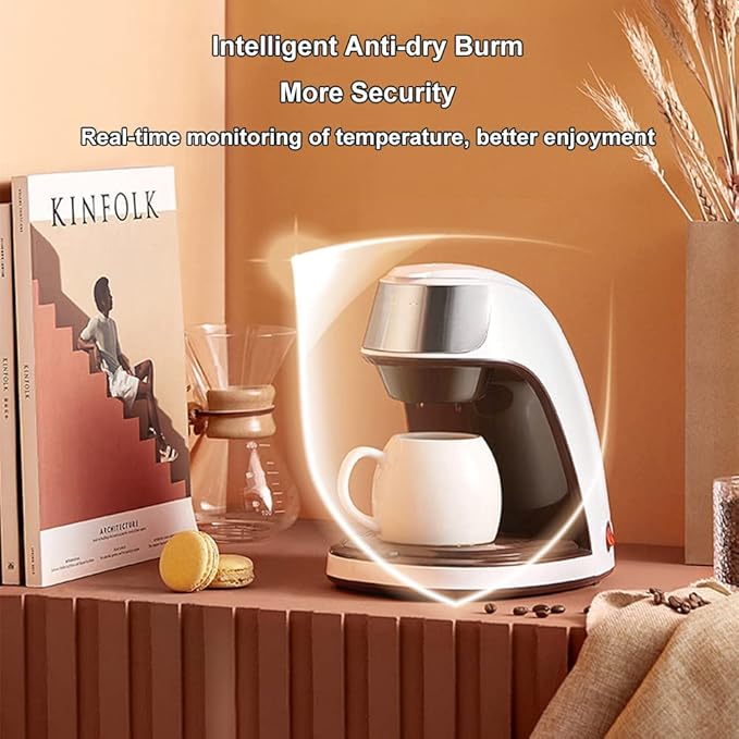 Electric Coffee Machine Automatic Dripping Home Office Multi-Function Single Cup Coffee Maker Brew Tea Coffee Powder 300ml Capacity Steam Extraction Anti-Dry Burn