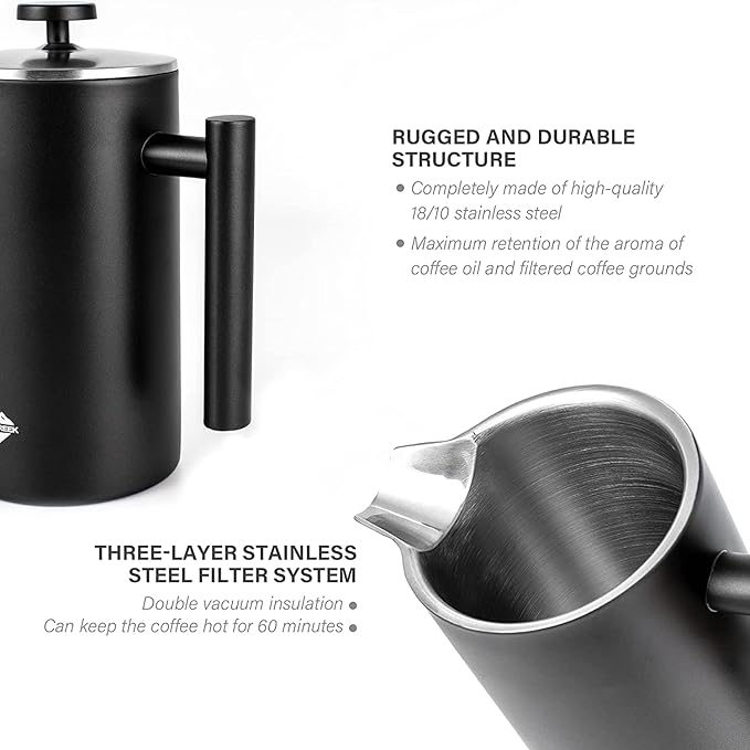 French Press Coffee Maker Double Wall 304 Stainless Steel Coffee Press with 60g Coffee Canister Black Dishwasher Safe 34oz (1L) (Black)