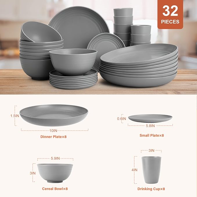 Wheat Straw Dinnerware Set 32 PCS Dinner PlatesDessert Plates Drinking Glasses Wheat Straw Bowls Set Microwave and Dishwasher Safe Dishes Set for 8 for Outdoor Camping Picnic - Grey