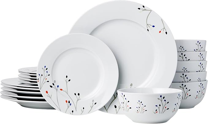 Amazon Basics Dinnerware Set Microwave and Dishwasher Safe Service for 6 18-Piece Complete Kitchen Plates Dishes Bowls Branches