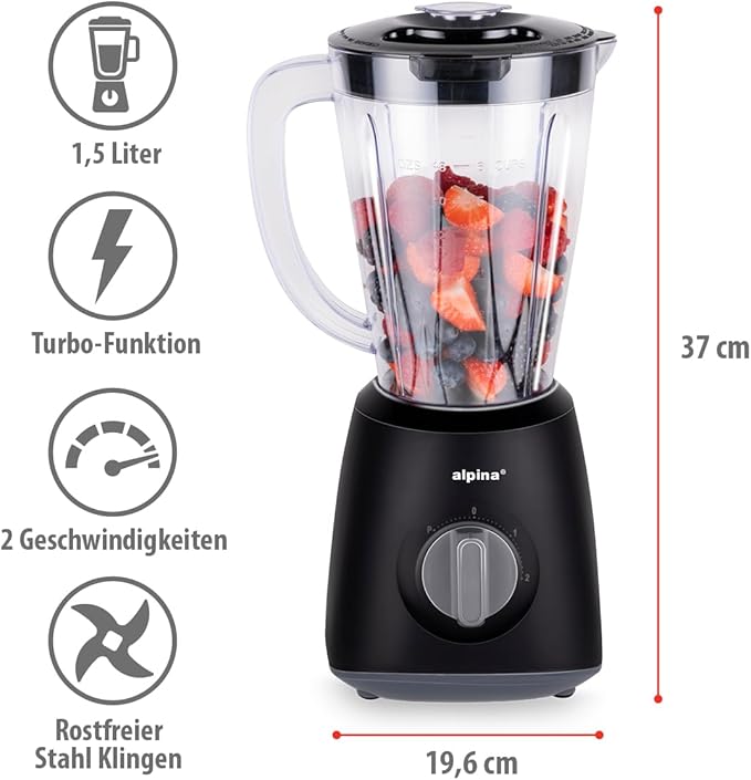 alpina Blender 1.5L Liquidifier 400 W Blender Jug with Turbo Function Plastic Blender Stainless Steel Blades Black