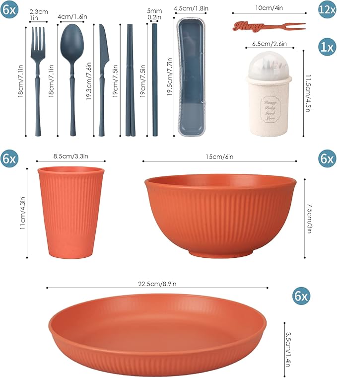 66 Pcs Dinnerware Sets Unbreakable Plates and Bowls Sets Reusable Dinnerware Sets for 6 People Travel Camping Picnic Home Party Cutlery Set Dishwasher Microwave Safe Dishes