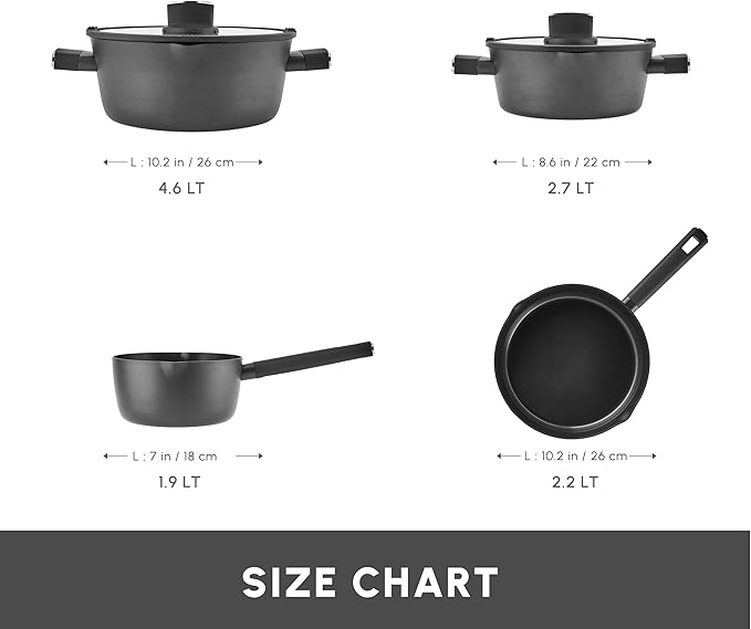 Karaca Swiss Crystal Ceramic Midnight Cookware Set - Non Stick Pots and Pans Set with Lid - PFAS-Free Dishwasher Safe Induction Hob Compatible Cookware Black 6 Piece