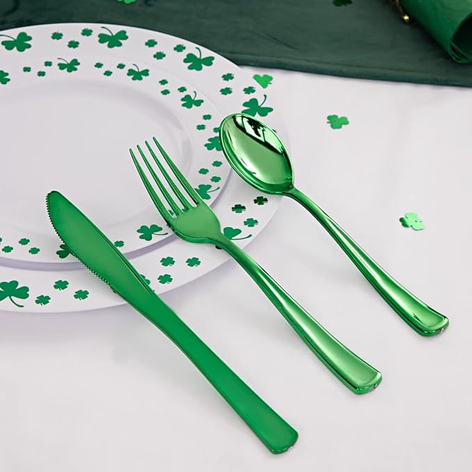 WDF 125pcs St. Patrick’s Day Plastic Plates with Shamrock Clover &amp Disposable Silverware - Premium White and Green Plastic Dinnerware for Wedding &ampParties Special for St. Patrick’s Day