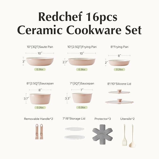 Redchef Pans and Pots Set Nonstick Ceramic Cookware Set with Detachable Handles 16Pcs Induction Dishwasher Oven Safe Kitchen Cooking Set PFAS PFOA &amp PTFE Free Pink