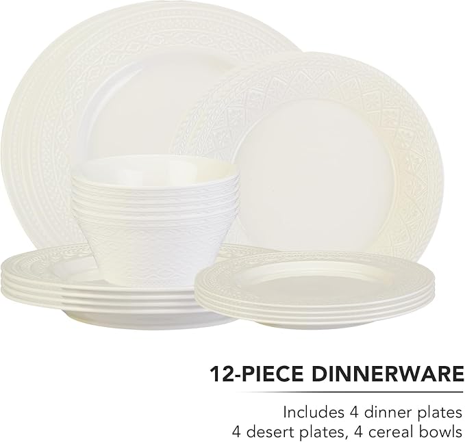 18-Piece White Ceramic Dinnerware Set - Relief Series Service for 6 Includes Bowls &amp 8''/9.6'' Plates Glossy Finish