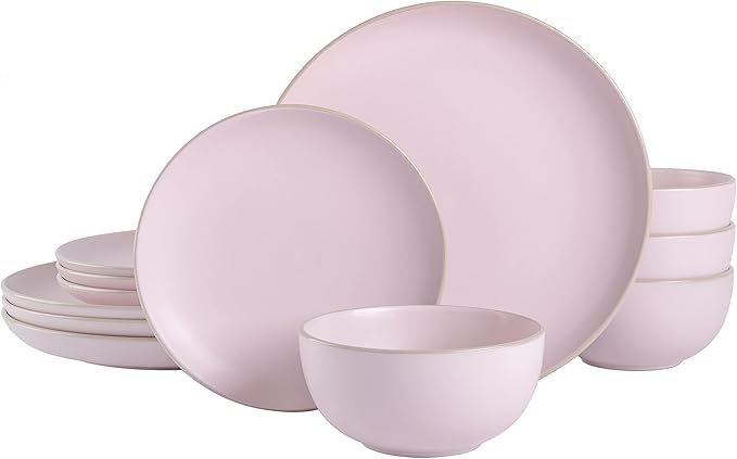Gibson Home Rockaway 12-Piece Round Stoneware Dinnerware Set Service for 4 – Pink Plates and Bowls Modern Matte Finish Microwave &amp Dishwasher Safe