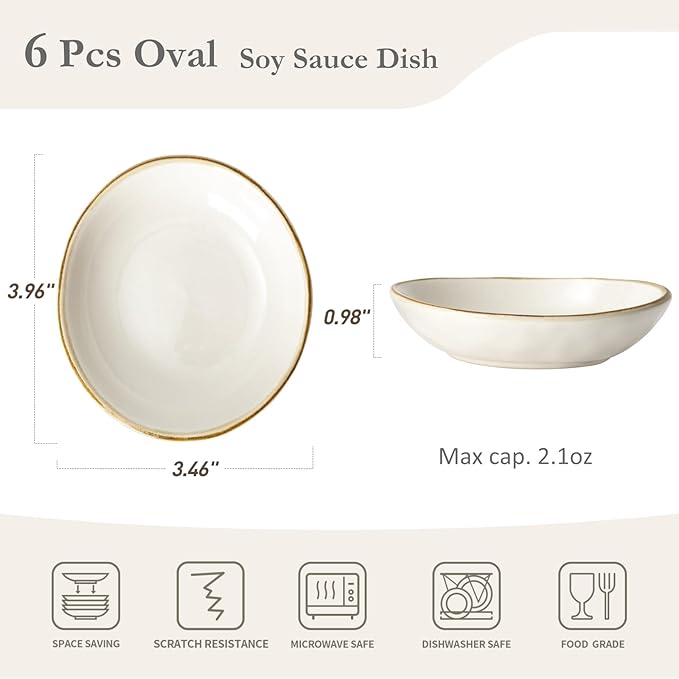 Famiware Ocean Square 12 Pieces Dinnerware Set + 6 Pieces Oval Dipping Bowl Set Microwave and Dishwasher Safe Vanilla White
