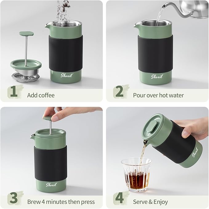 French Press – 350ml Stainless Steel Coffee Press 2 Cup Cafetiere for Ground Coffee Portable French Press