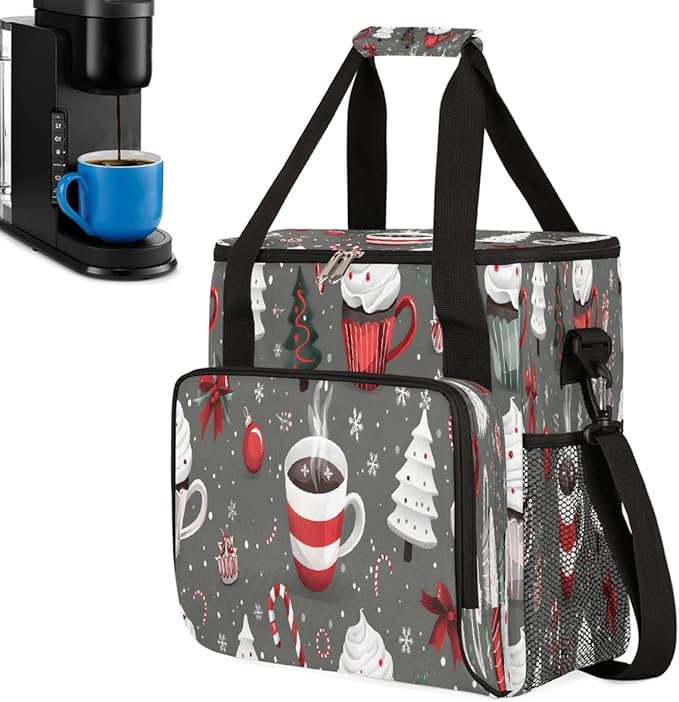Christmas (606) Coffee Maker Carring Bag Travel Carrying Storage Tote Bag Compatible with Keurig K-Mini or K-Mini Plus Portable Single Serve Coffee Brewer Case with Pockets for K-cup Pods
