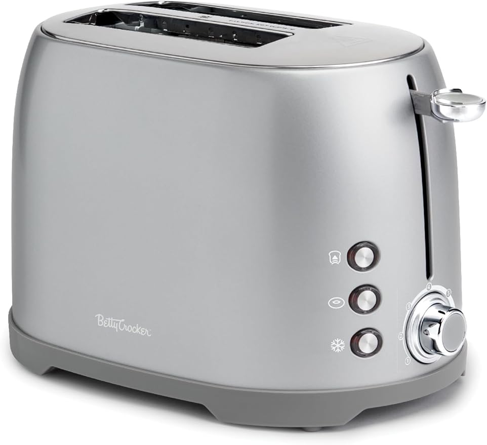 Betty Crocker 2-Slice Multi-Function Toaster Toaster 2 Slice with Extra Wide Slots for Thick Bread Bagel &amp Waffle Toast Shade Control Dial Slide Out Crumb Tray Silver