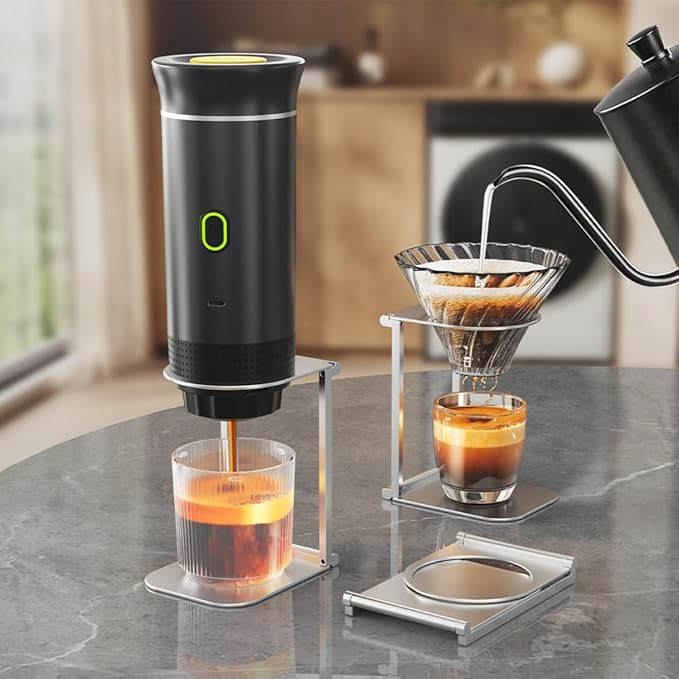 Mini Electric Espresso Coffee Machine Small Self-Heating Portable Car Coffee Maker with Capsule and Ground Coffee for Office RV Travel Camping Hiking (black)