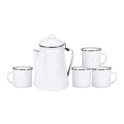 Stansport Enamel Percolator Coffee Pot &amp 4 Mug Set (11230-03) White