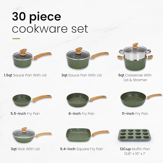 Pots and Pans Set Nonstick 30 Pieces Induction Kitchen Cookware and Bakeware Sets Green Granite Coating Cooking Pans Set