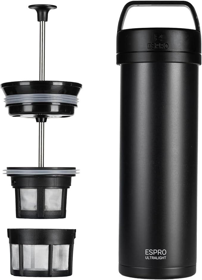 ESPRO P0 Ultralight French Press Coffee Maker for Travel Vacuum Insulated Stainless Steel 16 Ounces Matte Meteorite Black